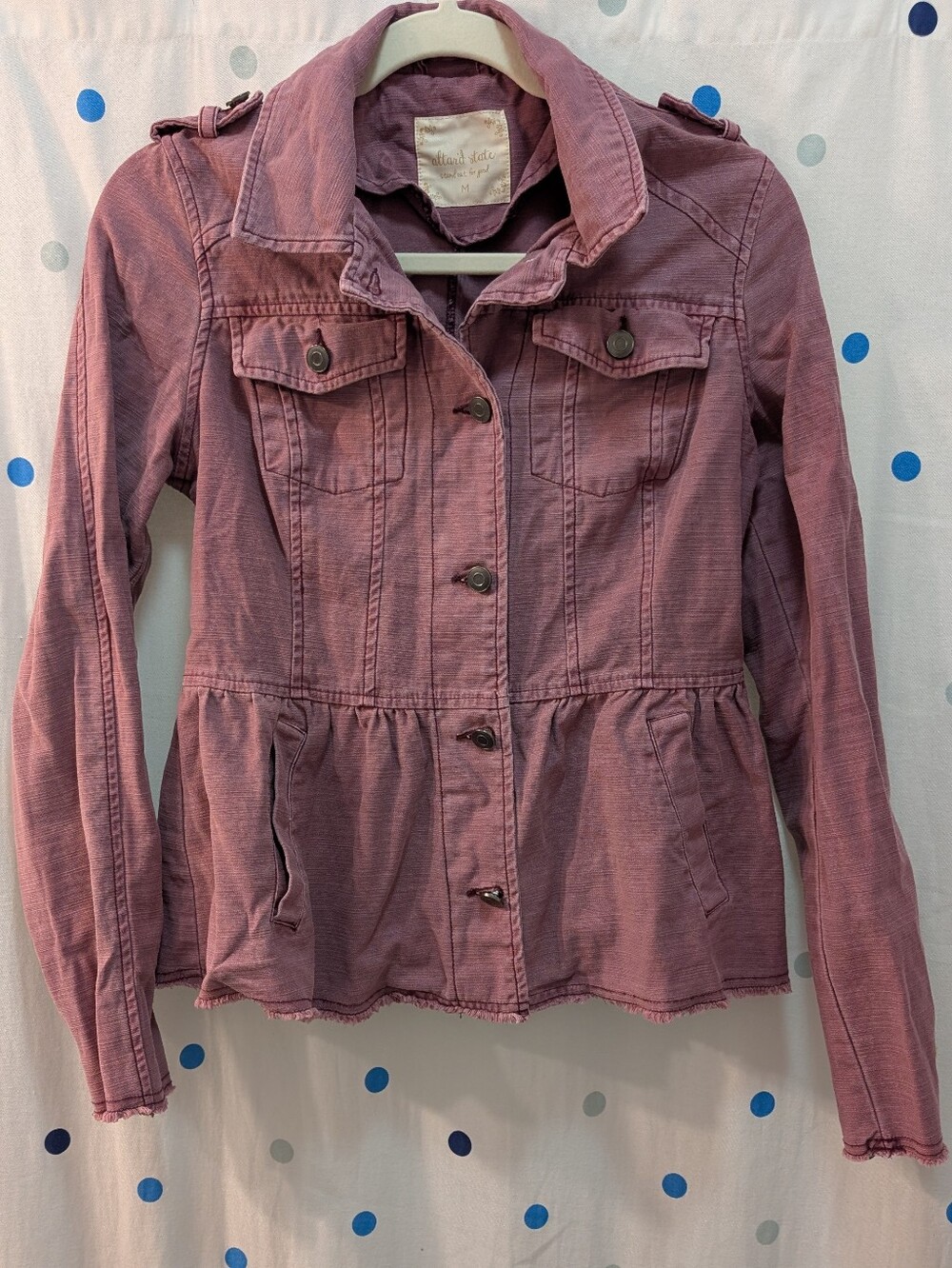 Altar'd State Dusty Rose Button-Front Peplum Jean Jacket